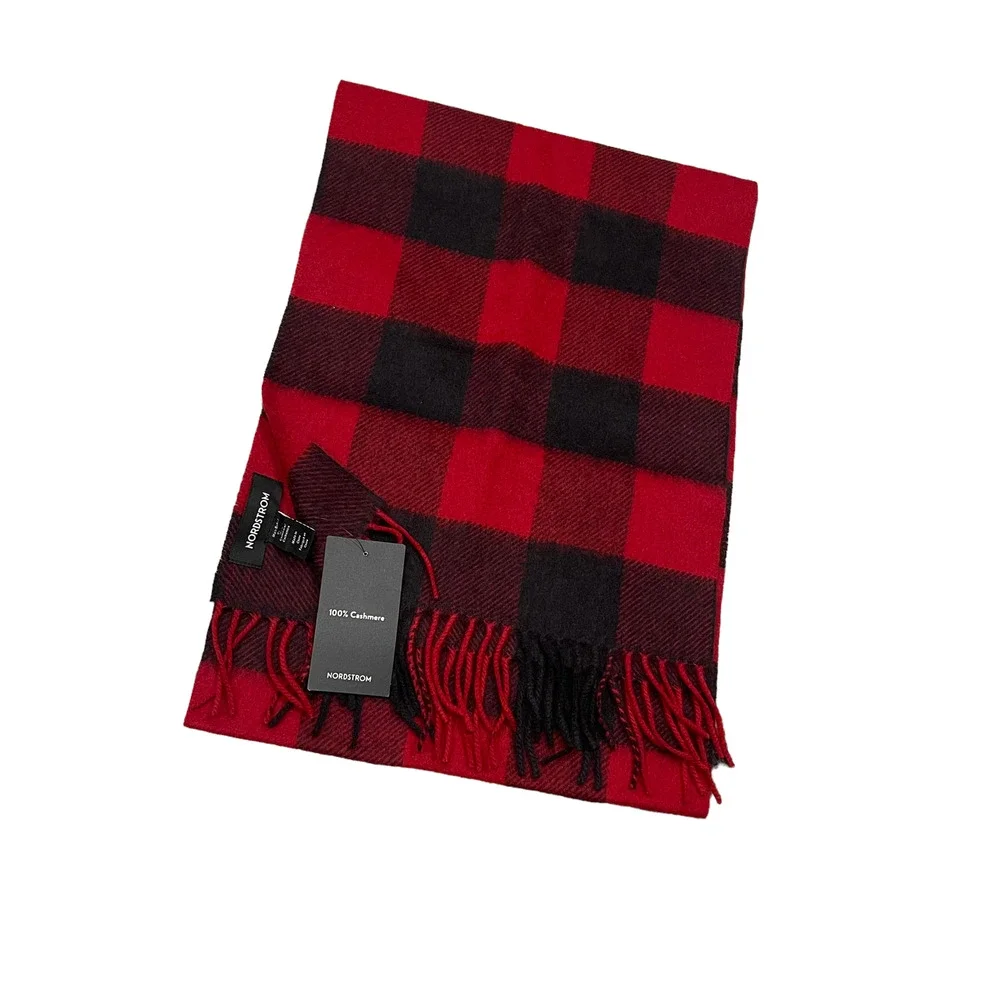 New Nordstrom Red Rio Black Buff Check Buffalo Plaid 100% Cashmere Fringe Scarf